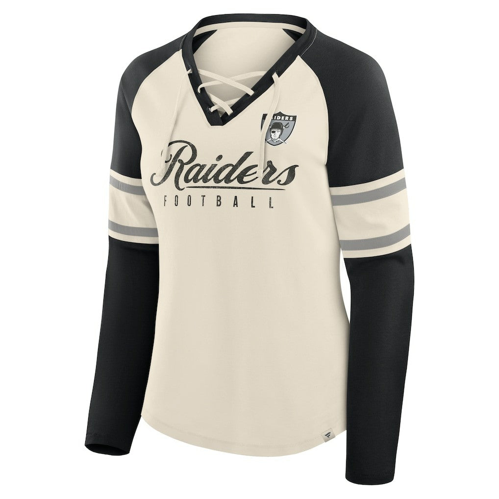 Fanatics Las Vegas Raiders Women's Hometown Gridiron Hero Raglan Lace-Up V-Neck Long Sleeve T-Shirt Cream/Black