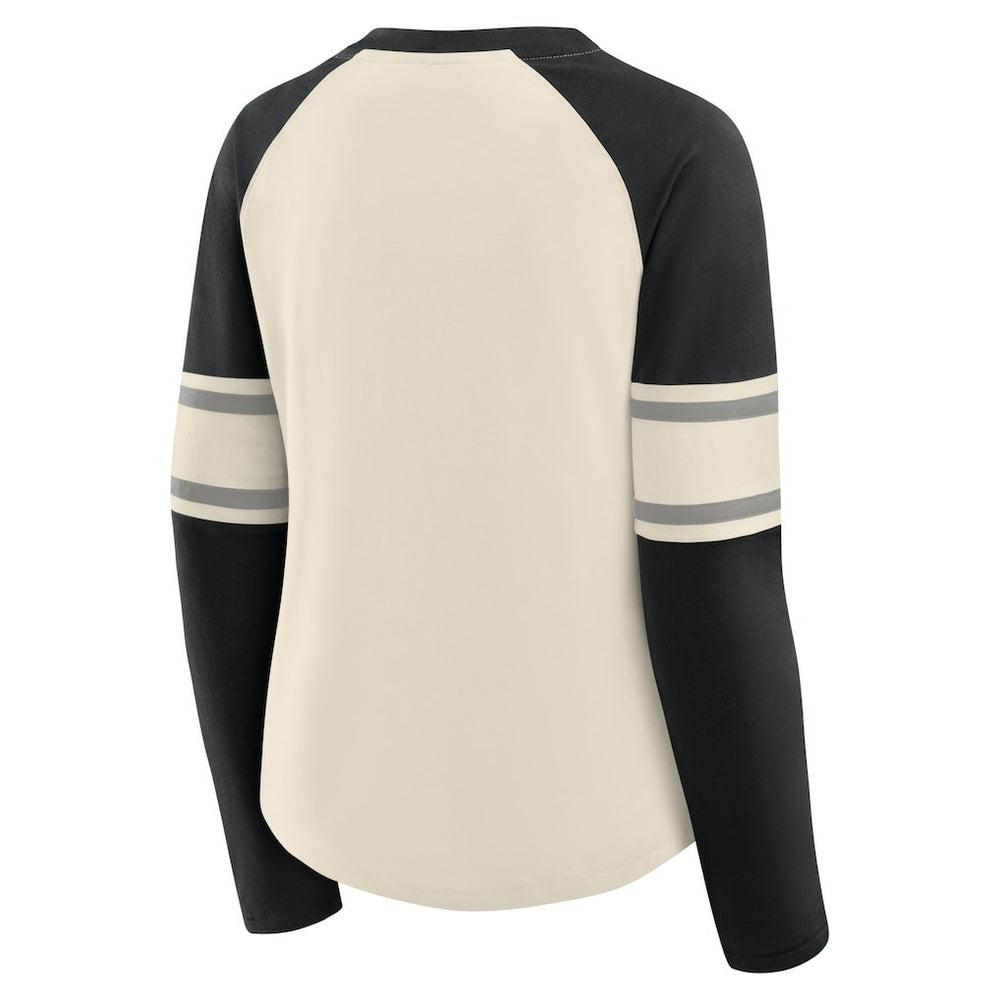 Fanatics Las Vegas Raiders Women's Hometown Gridiron Hero Raglan Lace-Up V-Neck Long Sleeve T-Shirt Cream/Black