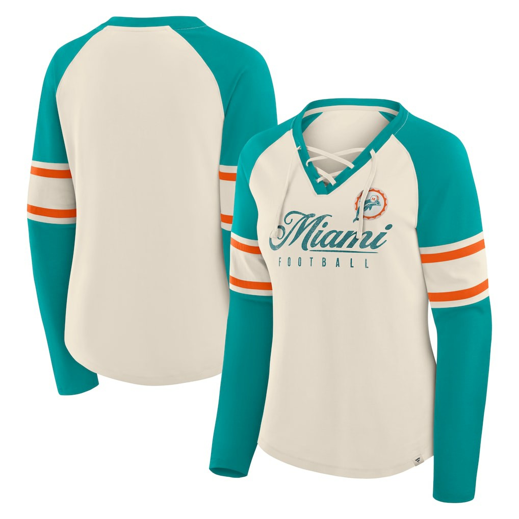 Fanatics Miami Dolphins Women's Hometown Gridiron Hero Raglan Lace-Up V-Neck Long Sleeve T-Shirt Cream/Aqua