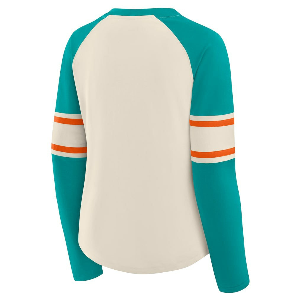 Fanatics Miami Dolphins Women's Hometown Gridiron Hero Raglan Lace-Up V-Neck Long Sleeve T-Shirt Cream/Aqua