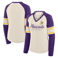 Fanatics Minnesota Vikings Women's Hometown Gridiron Hero Raglan Lace-Up V-Neck Long Sleeve T-Shirt Cream/Purple