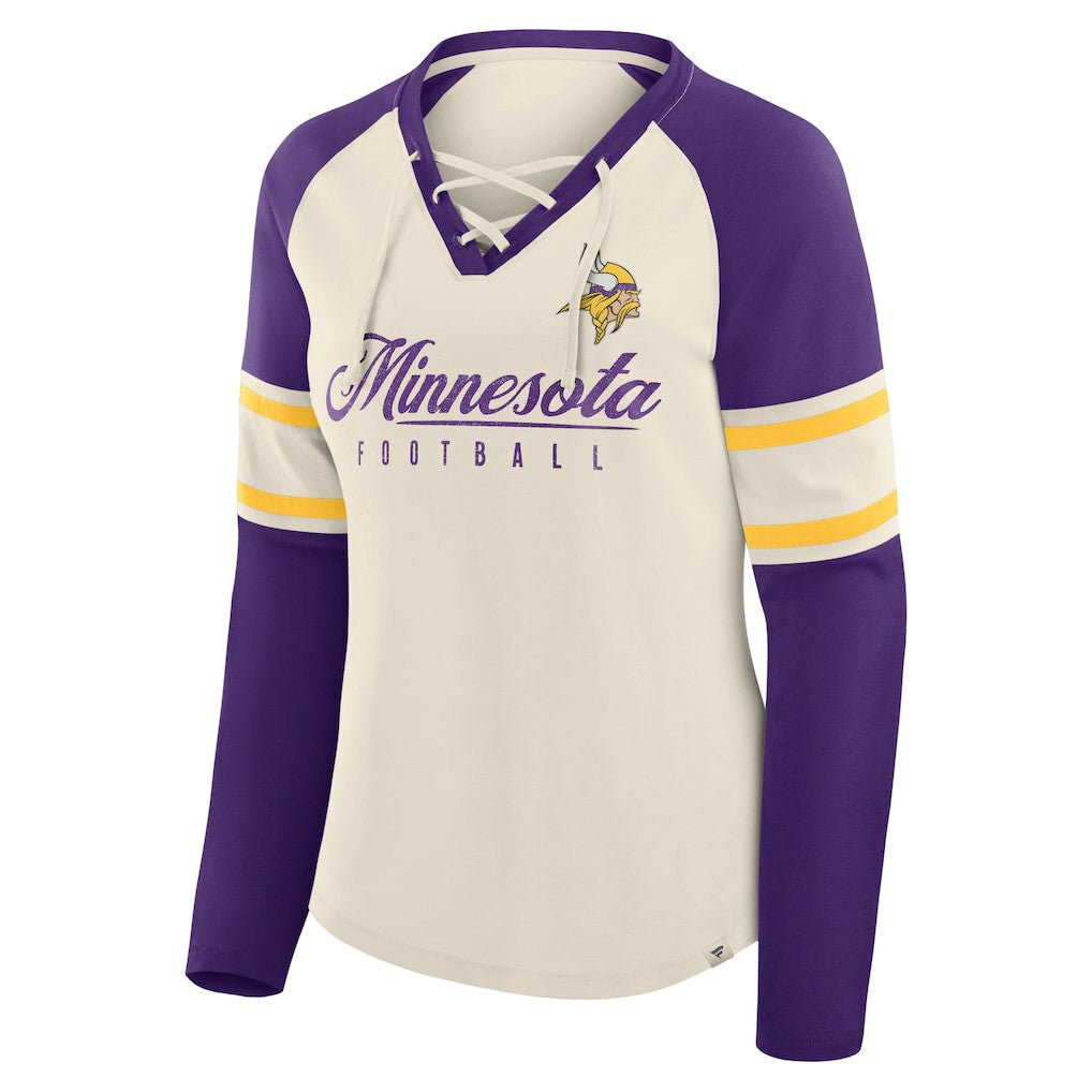 Fanatics Minnesota Vikings Women's Hometown Gridiron Hero Raglan Lace-Up V-Neck Long Sleeve T-Shirt Cream/Purple