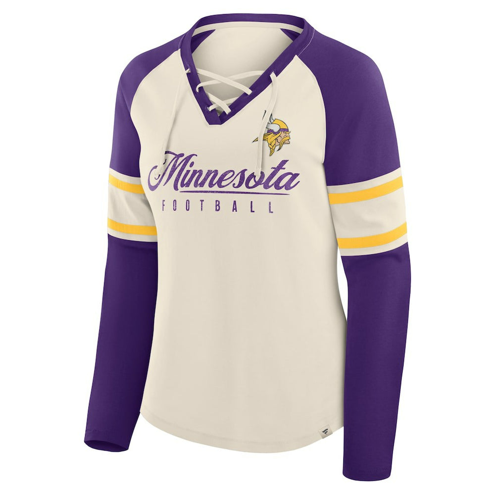 Fanatics Minnesota Vikings Women's Hometown Gridiron Hero Raglan Lace-Up V-Neck Long Sleeve T-Shirt Cream/Purple