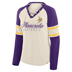 Fanatics Minnesota Vikings Women's Hometown Gridiron Hero Raglan Lace-Up V-Neck Long Sleeve T-Shirt Cream/Purple