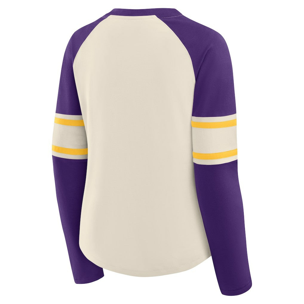 Fanatics Minnesota Vikings Women's Hometown Gridiron Hero Raglan Lace-Up V-Neck Long Sleeve T-Shirt Cream/Purple