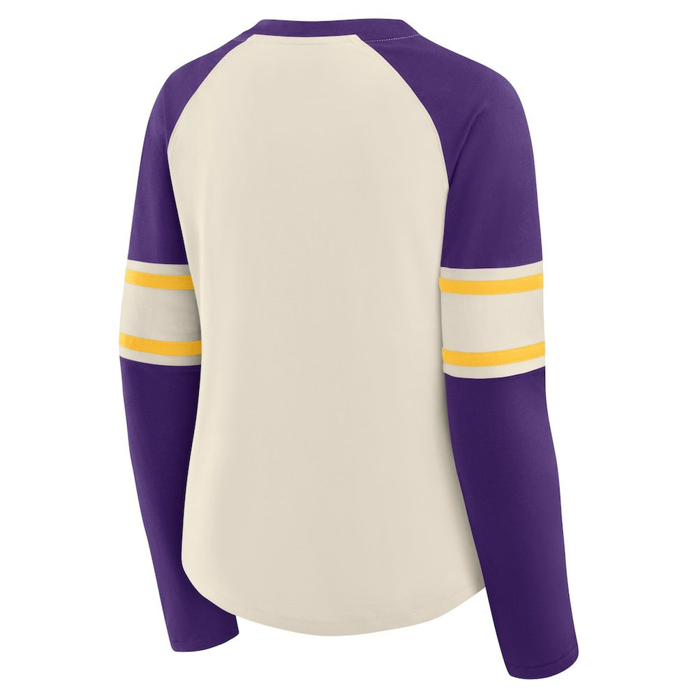 Fanatics Minnesota Vikings Women's Hometown Gridiron Hero Raglan Lace-Up V-Neck Long Sleeve T-Shirt Cream/Purple