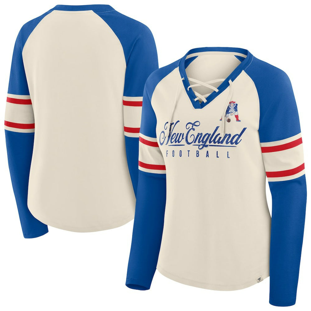 Fanatics New England Patriots Women's Hometown Gridiron Hero Raglan Lace-Up V-Neck Long Sleeve T-Shirt Cream/Royal