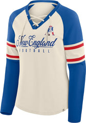 Fanatics New England Patriots Women's Hometown Gridiron Hero Raglan Lace-Up V-Neck Long Sleeve T-Shirt Cream/Royal
