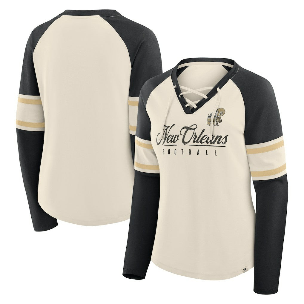 Fanatics New Orleans Saints Women's Hometown Gridiron Hero Raglan Lace-Up V-Neck Long Sleeve T-Shirt Cream/Black