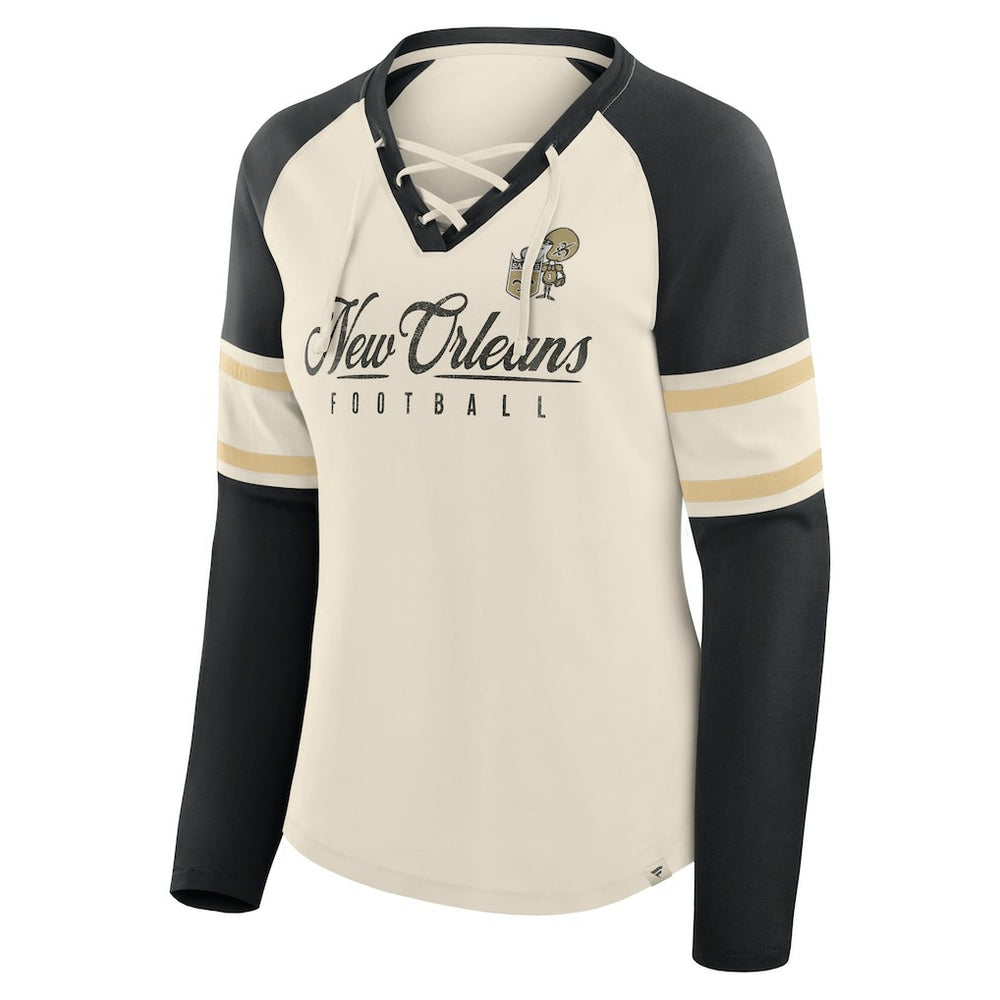 Fanatics New Orleans Saints Women's Hometown Gridiron Hero Raglan Lace-Up V-Neck Long Sleeve T-Shirt Cream/Black