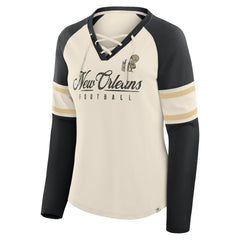 Fanatics New Orleans Saints Women's Hometown Gridiron Hero Raglan Lace-Up V-Neck Long Sleeve T-Shirt Cream/Black