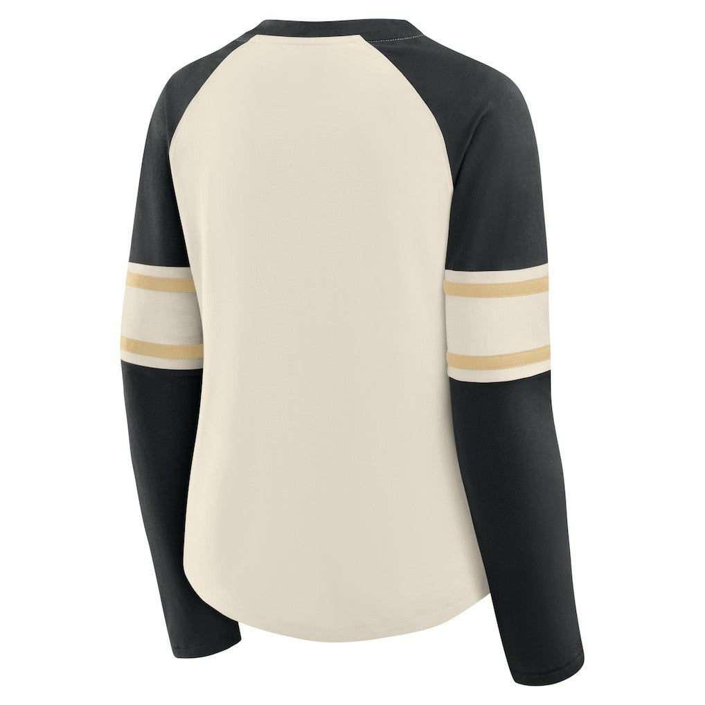 Fanatics New Orleans Saints Women's Hometown Gridiron Hero Raglan Lace-Up V-Neck Long Sleeve T-Shirt Cream/Black