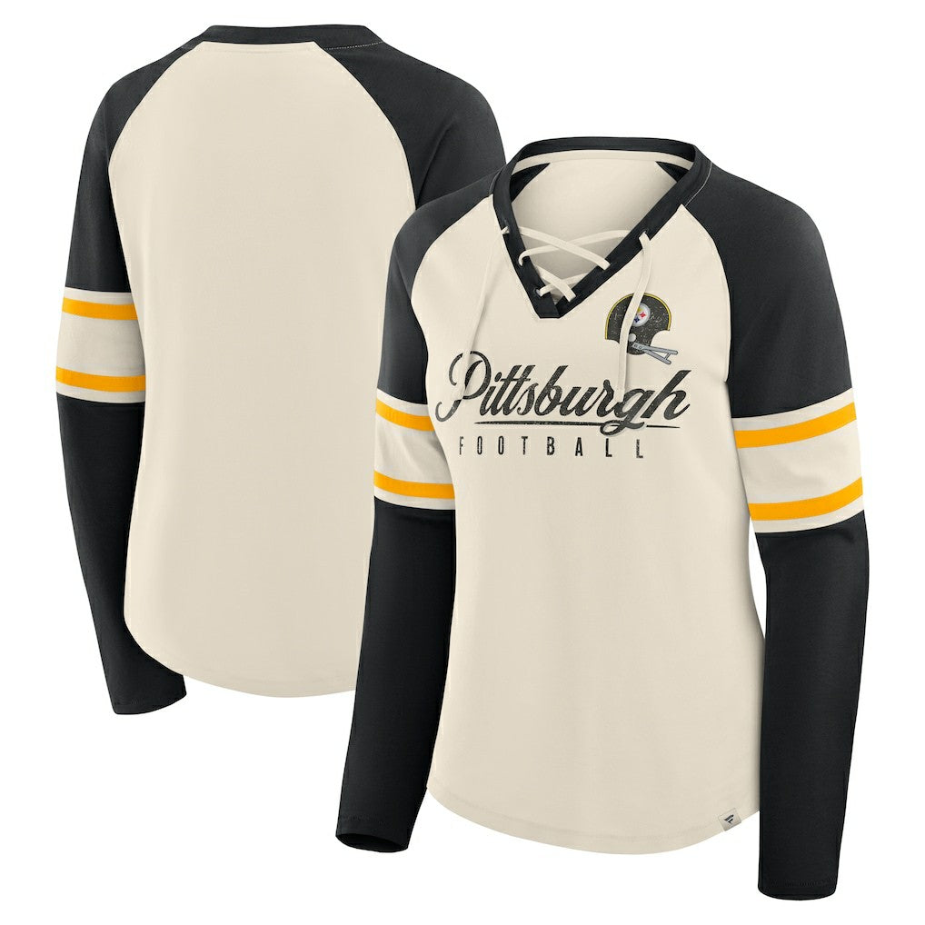 Fanatics Pittsburgh Steelers Women's Hometown Gridiron Hero Raglan Lace-Up V-Neck Long Sleeve T-Shirt Cream/Black