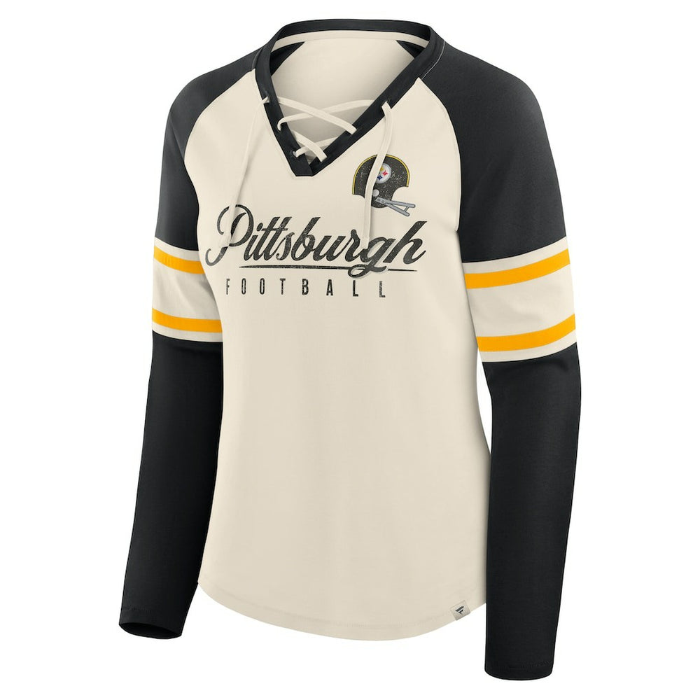 Fanatics Pittsburgh Steelers Women's Hometown Gridiron Hero Raglan Lace-Up V-Neck Long Sleeve T-Shirt Cream/Black