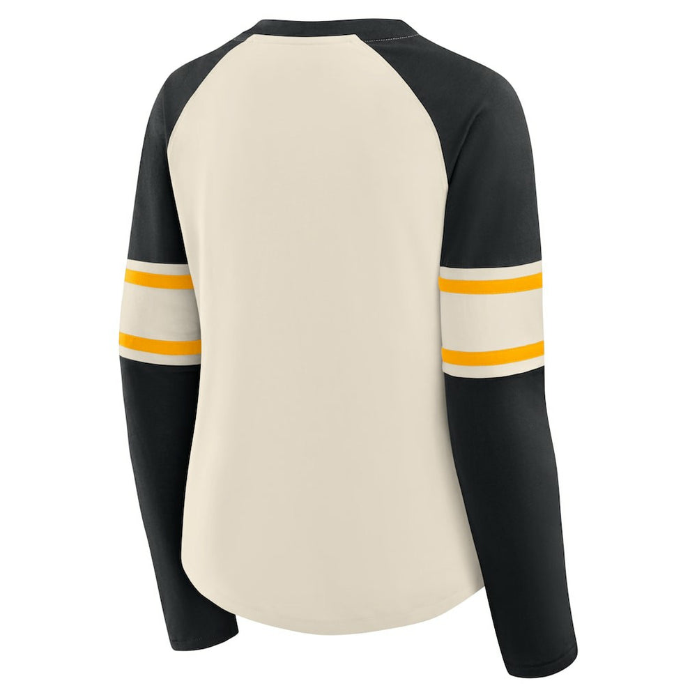 Fanatics Pittsburgh Steelers Women's Hometown Gridiron Hero Raglan Lace-Up V-Neck Long Sleeve T-Shirt Cream/Black