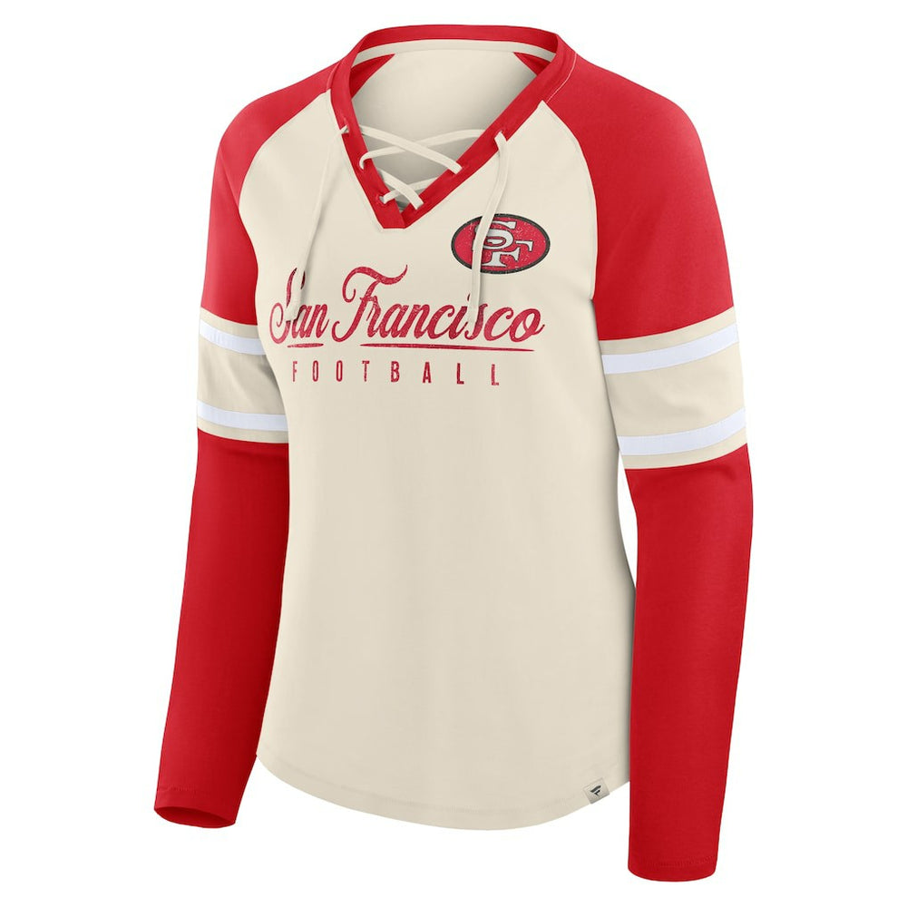 Fanatics San Francisco 49ers Women's Hometown Gridiron Hero Raglan Lace-Up V-Neck Long Sleeve T-Shirt Cream/Scarlet