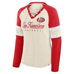 Fanatics San Francisco 49ers Women's Hometown Gridiron Hero Raglan Lace-Up V-Neck Long Sleeve T-Shirt Cream/Scarlet