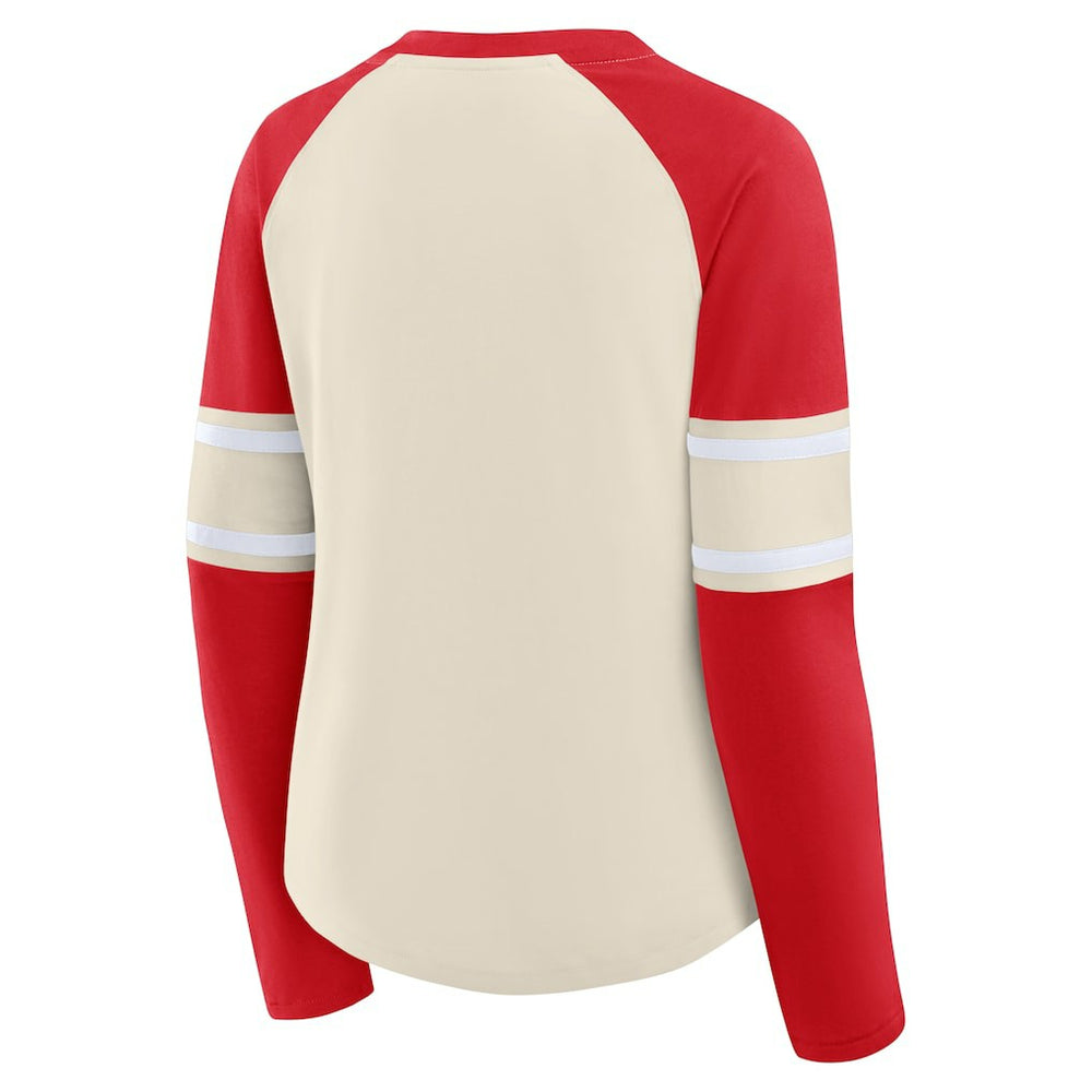 Fanatics San Francisco 49ers Women's Hometown Gridiron Hero Raglan Lace-Up V-Neck Long Sleeve T-Shirt Cream/Scarlet