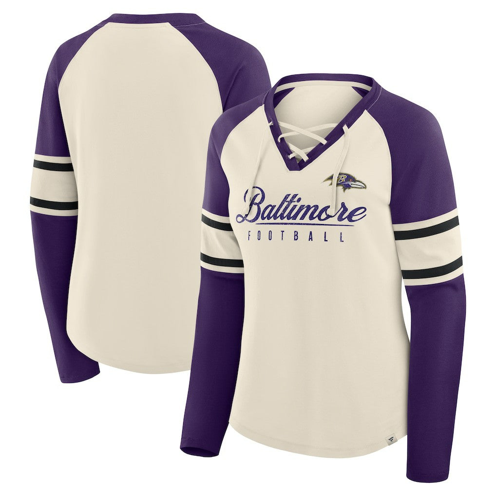 Fanatics Baltimore Ravens Women's Hometown Gridiron Hero Raglan Lace-Up V-Neck Long Sleeve T-Shirt Cream/Purple