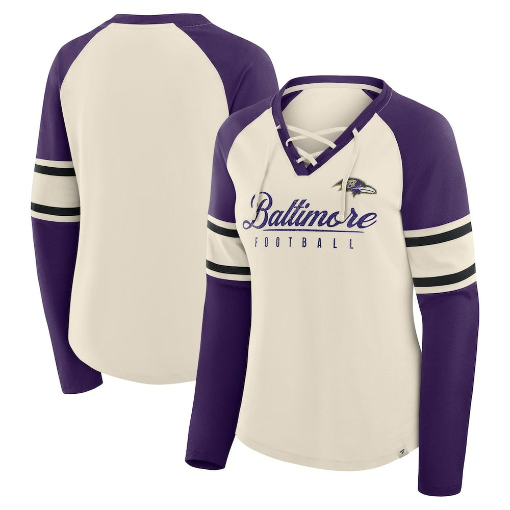 Fanatics Baltimore Ravens Women's Hometown Gridiron Hero Raglan Lace-Up V-Neck Long Sleeve T-Shirt Cream/Purple