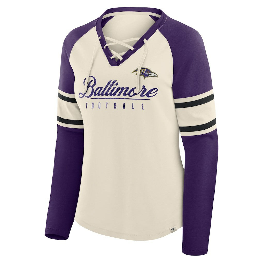 Fanatics Baltimore Ravens Women's Hometown Gridiron Hero Raglan Lace-Up V-Neck Long Sleeve T-Shirt Cream/Purple
