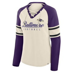 Fanatics Baltimore Ravens Women's Hometown Gridiron Hero Raglan Lace-Up V-Neck Long Sleeve T-Shirt Cream/Purple