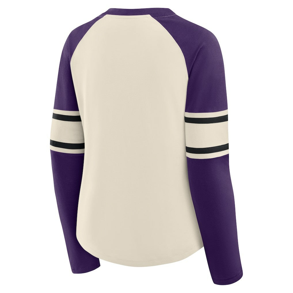 Fanatics Baltimore Ravens Women's Hometown Gridiron Hero Raglan Lace-Up V-Neck Long Sleeve T-Shirt Cream/Purple