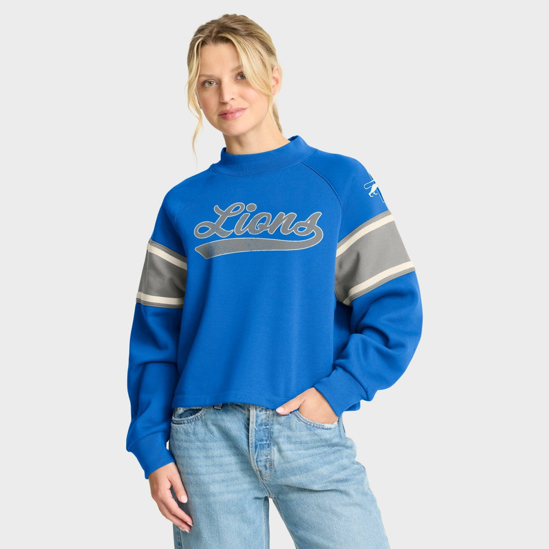Fanatics Detroit Lions Oversized Hometown Toss Sweep Mock Neck Pullover Blue
