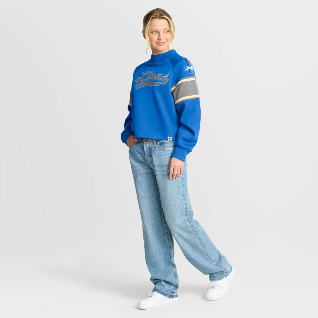 Fanatics Detroit Lions Oversized Hometown Toss Sweep Mock Neck Pullover Blue