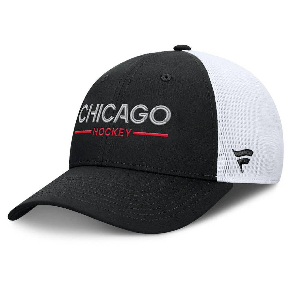 Chicago Blackhawks Fanatics Authentic Pro Rink Lockup Adjustable Trucker Hat - Black/White - NHL 202499022
