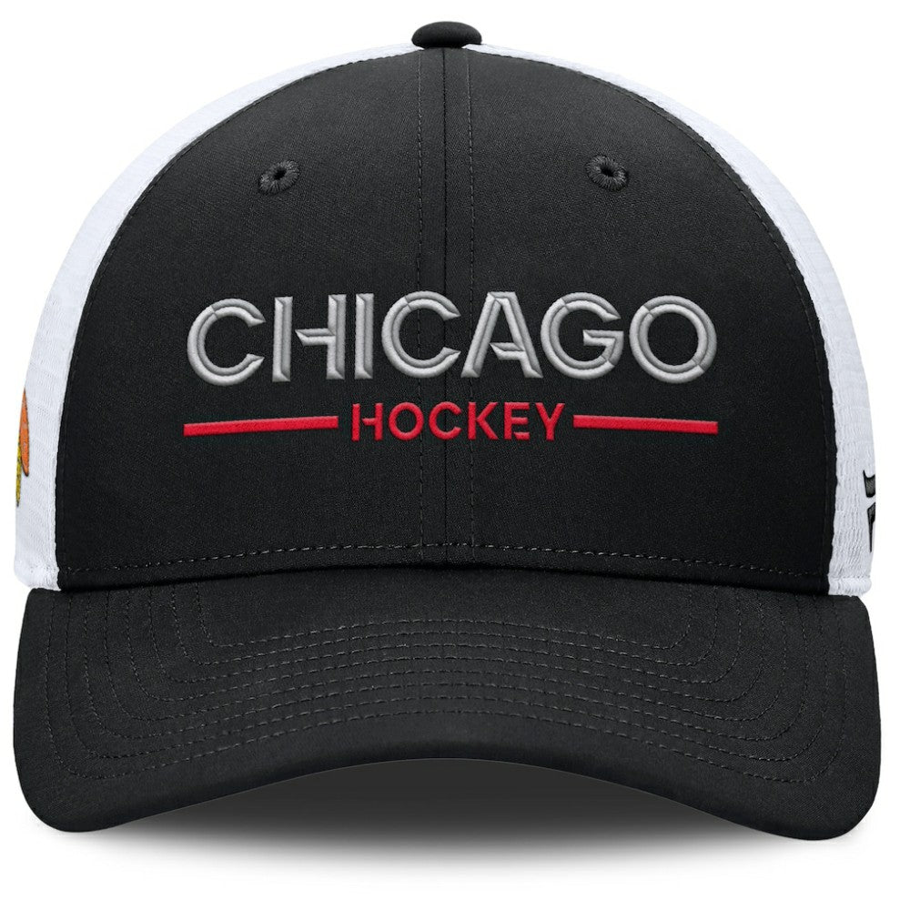 Chicago Blackhawks Fanatics Authentic Pro Rink Lockup Adjustable Trucker Hat - Black/White - NHL 202499022