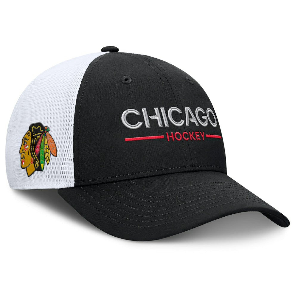 Chicago Blackhawks Fanatics Authentic Pro Rink Lockup Adjustable Trucker Hat - Black/White - NHL 202499022