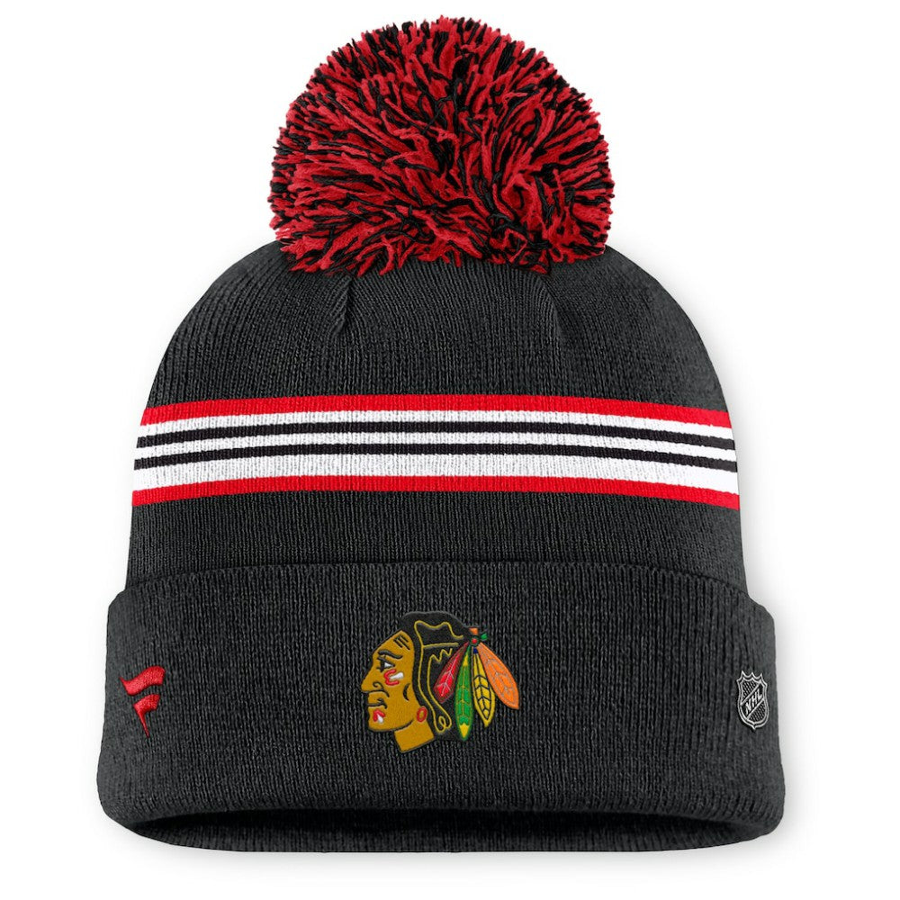 Chicago Blackhawks Fanatics Women's Authentic Pro Rink Cuffed Knit Hat with Pom - Black - NHL 202499226