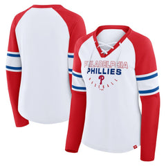 Philadelphia Phillies Fanatics Women's Blitz Package Raglan Lace-Up V-Neck Long Sleeve T-Shirt - White/Red - Fanatics Online