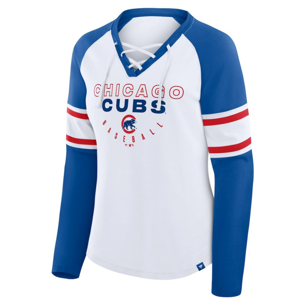 Chicago Cubs Fanatics Women's Blitz Package Raglan Lace-Up V-Neck Long Sleeve T-Shirt - White/Royal - Fanatics Online