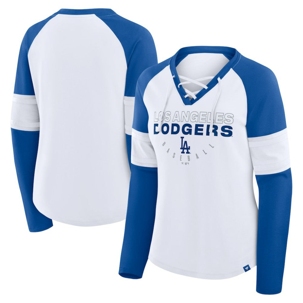 Los Angeles Dodgers Fanatics Women's Blitz Package Raglan Lace-Up V-Neck Long Sleeve T-Shirt - White/Royal - Fanatics Lifestyle