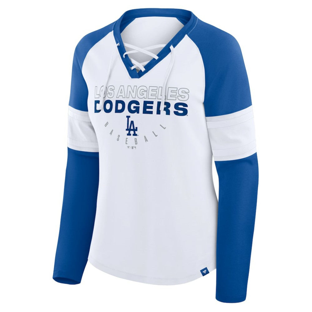 Los Angeles Dodgers Fanatics Women's Blitz Package Raglan Lace-Up V-Neck Long Sleeve T-Shirt - White/Royal - Fanatics Lifestyle