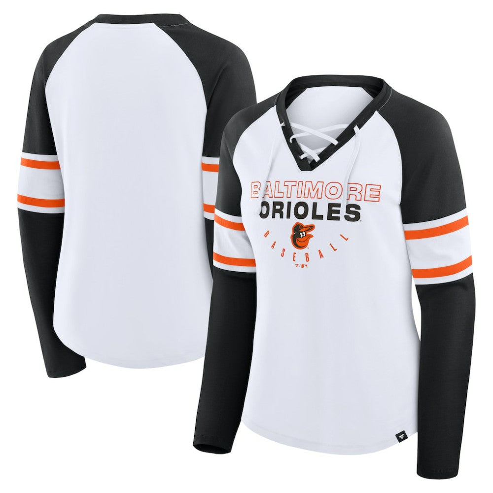 Baltimore Orioles Fanatics Women's Blitz Package Raglan Lace-Up V-Neck Long Sleeve T-Shirt - White/Black - Fanatics Discount