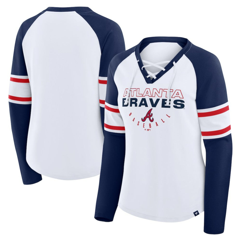 Atlanta Braves Fanatics Women's Blitz Package Raglan Lace-Up V-Neck Long Sleeve T-Shirt - White/Navy - Fanatics Discount