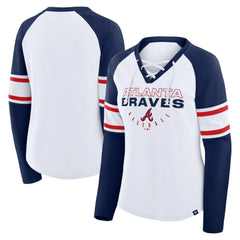 Atlanta Braves Fanatics Women's Blitz Package Raglan Lace-Up V-Neck Long Sleeve T-Shirt - White/Navy - Fanatics Discount