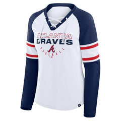 Atlanta Braves Fanatics Women's Blitz Package Raglan Lace-Up V-Neck Long Sleeve T-Shirt - White/Navy - Fanatics Discount