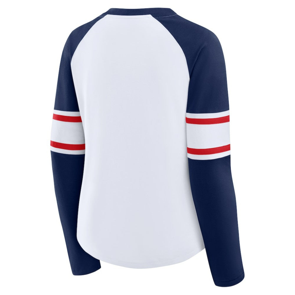 Atlanta Braves Fanatics Women's Blitz Package Raglan Lace-Up V-Neck Long Sleeve T-Shirt - White/Navy - Fanatics Discount