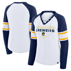 Milwaukee Brewers Fanatics Women's Blitz Package Raglan Lace-Up V-Neck Long Sleeve T-Shirt - White/Navy - Fanatics Sale