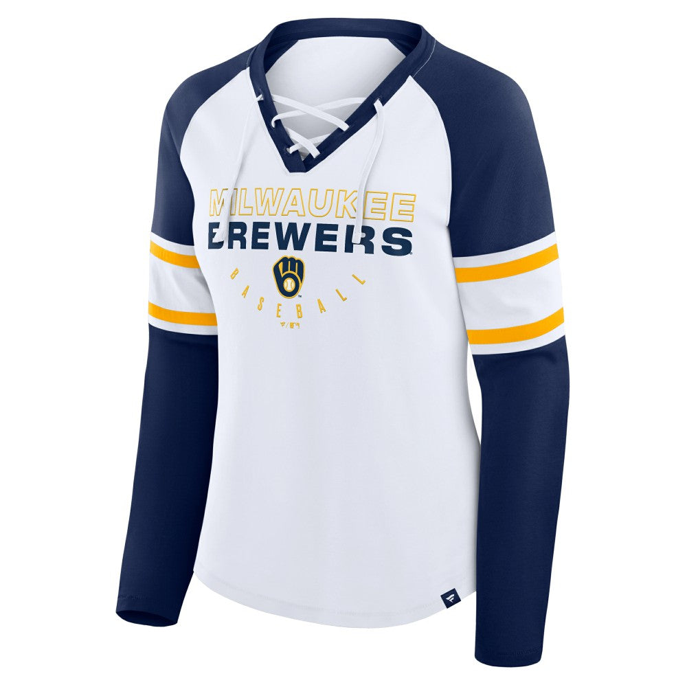 Milwaukee Brewers Fanatics Women's Blitz Package Raglan Lace-Up V-Neck Long Sleeve T-Shirt - White/Navy - Fanatics Sale