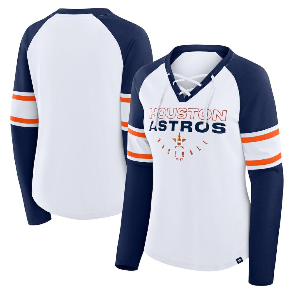 Houston Astros Fanatics Women's Blitz Package Raglan Lace-Up V-Neck Long Sleeve T-Shirt - White/Navy - Fanatics Discount