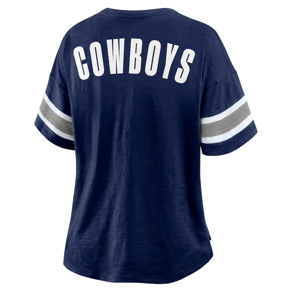 Fanatics Dallas Cowboys Women's Redzone Bling Stripe Sleeve Notch Neck T-Shirt Navy