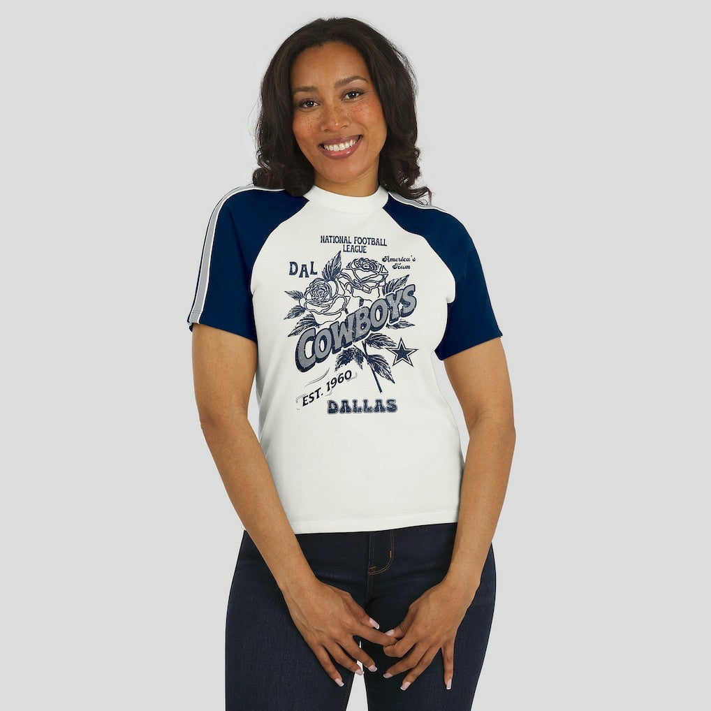 Dallas Cowboys WEAR by Erin Andrews Women's Sleeve Stripe Distressed Raglan T-Shirt White