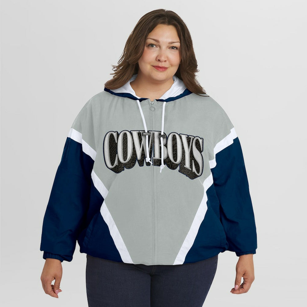 Dallas Cowboys WEAR by Erin Andrews Women's Plus Size Retro Crinkle Full-Zip Hoodie Windbreaker Jacket Navy/Gray