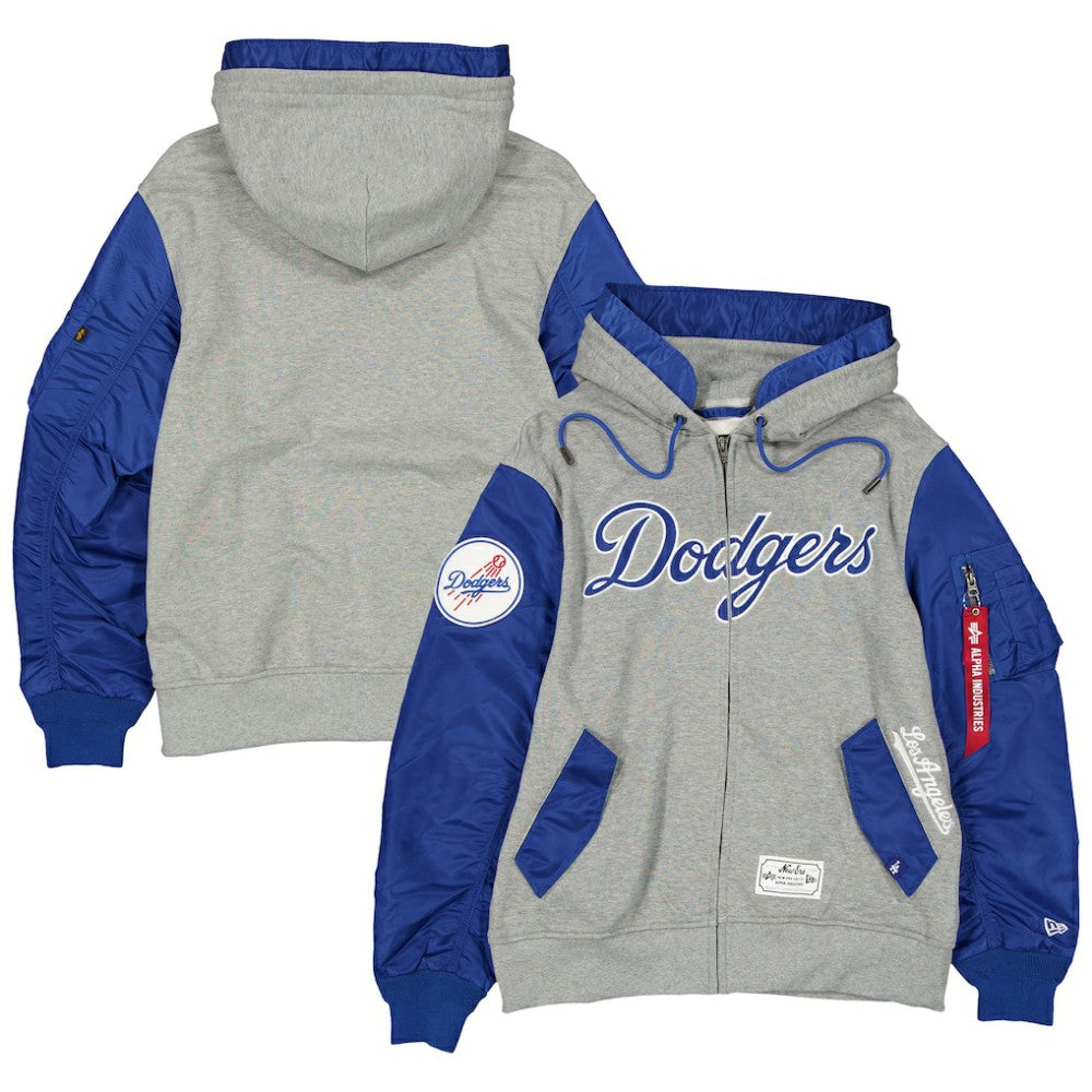 Los Angeles Dodgers New Era x Alpha Industries Full-Zip Hoodie Jacket - Heather Gray/Royal - New Era Lifestyle
