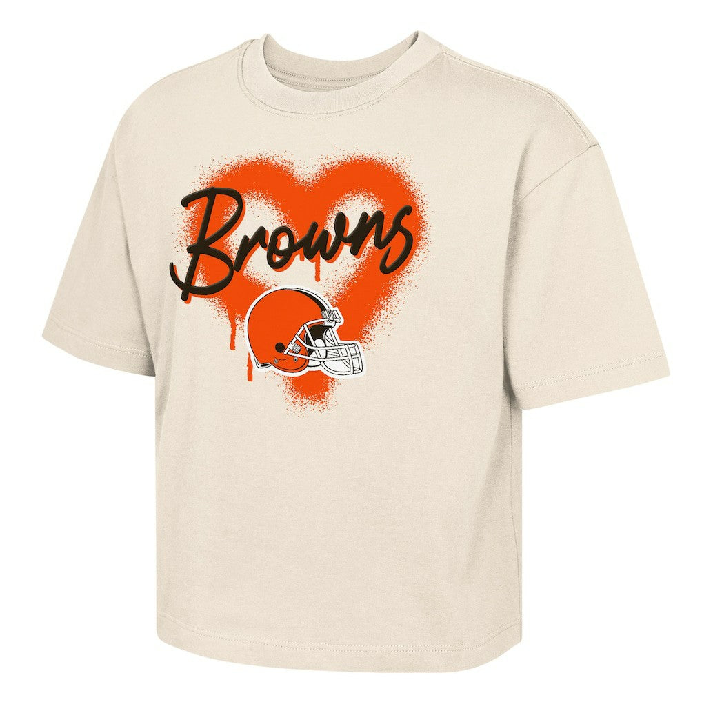 Cleveland Browns Outerstuff Girl's Youth Spray Heart Boxy T-Shirt Cream